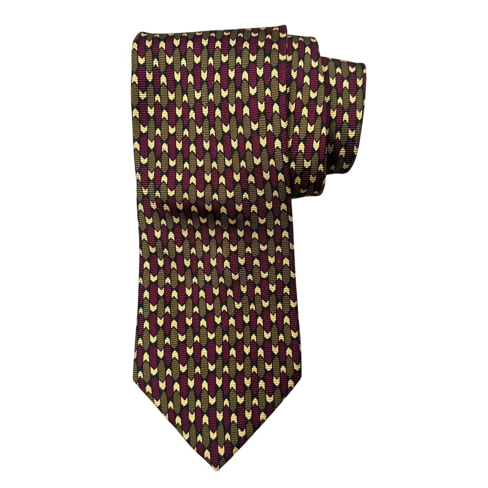 BOSS Hugo Boss Men's Tie 100% Silk Burgundy and Gold‎ Geometric Made in Italy!